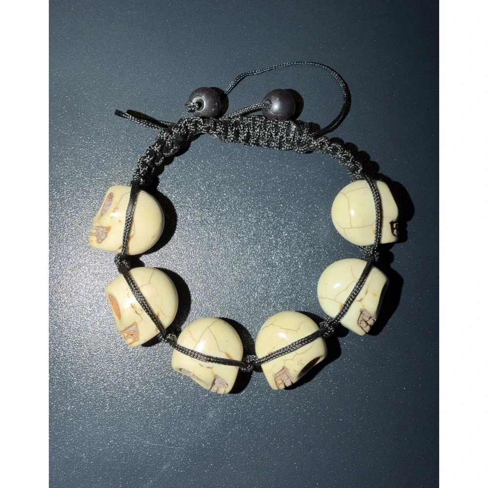 New Skull Bead Adjustable Bracelet White Skull Beads Black Braided Cord Gothic